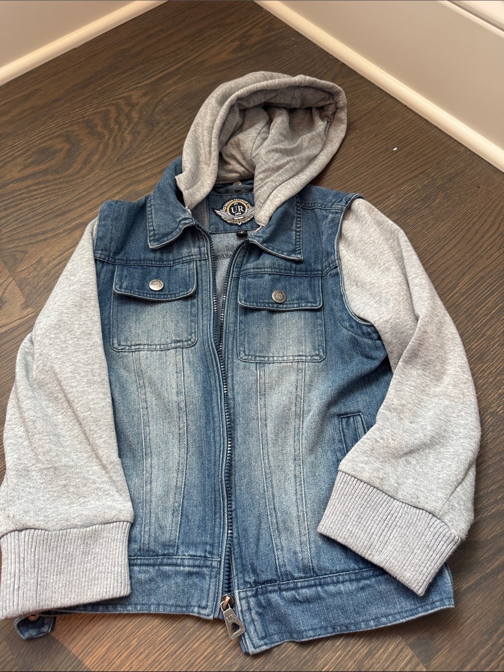 Urban Republic Denim Jacket with Gray Hoodie Sleeves